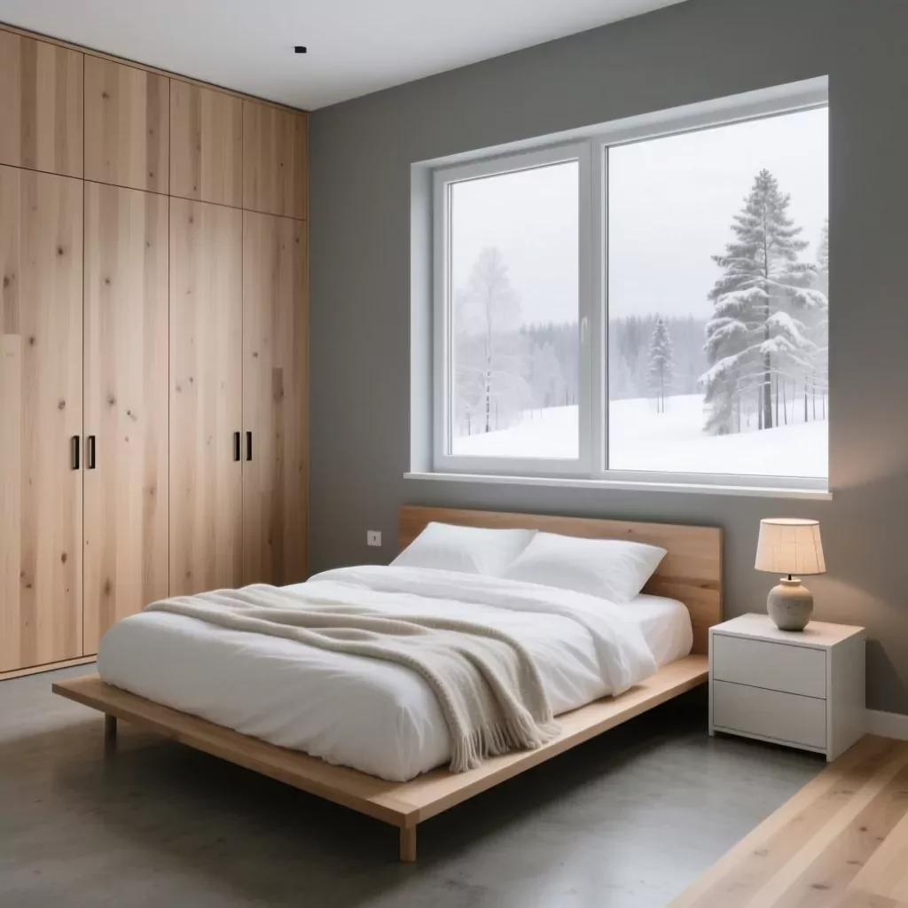Phòng ngủ gỗ tự nhiên view tuyết, báo giá nội thất chung cư tối giản.