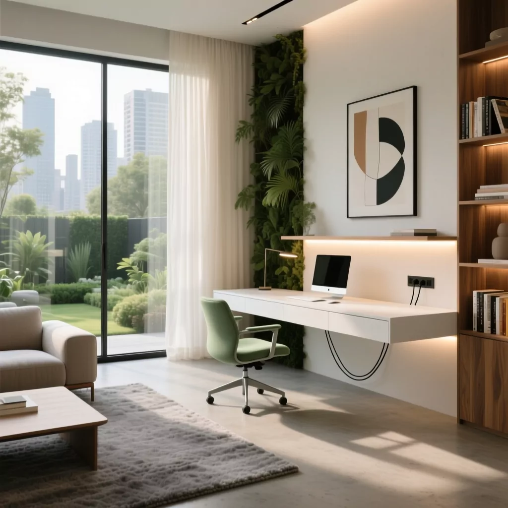 Báo giá nội thất chung cư: Không gian làm việc tối giản với gỗ và cây xanh.