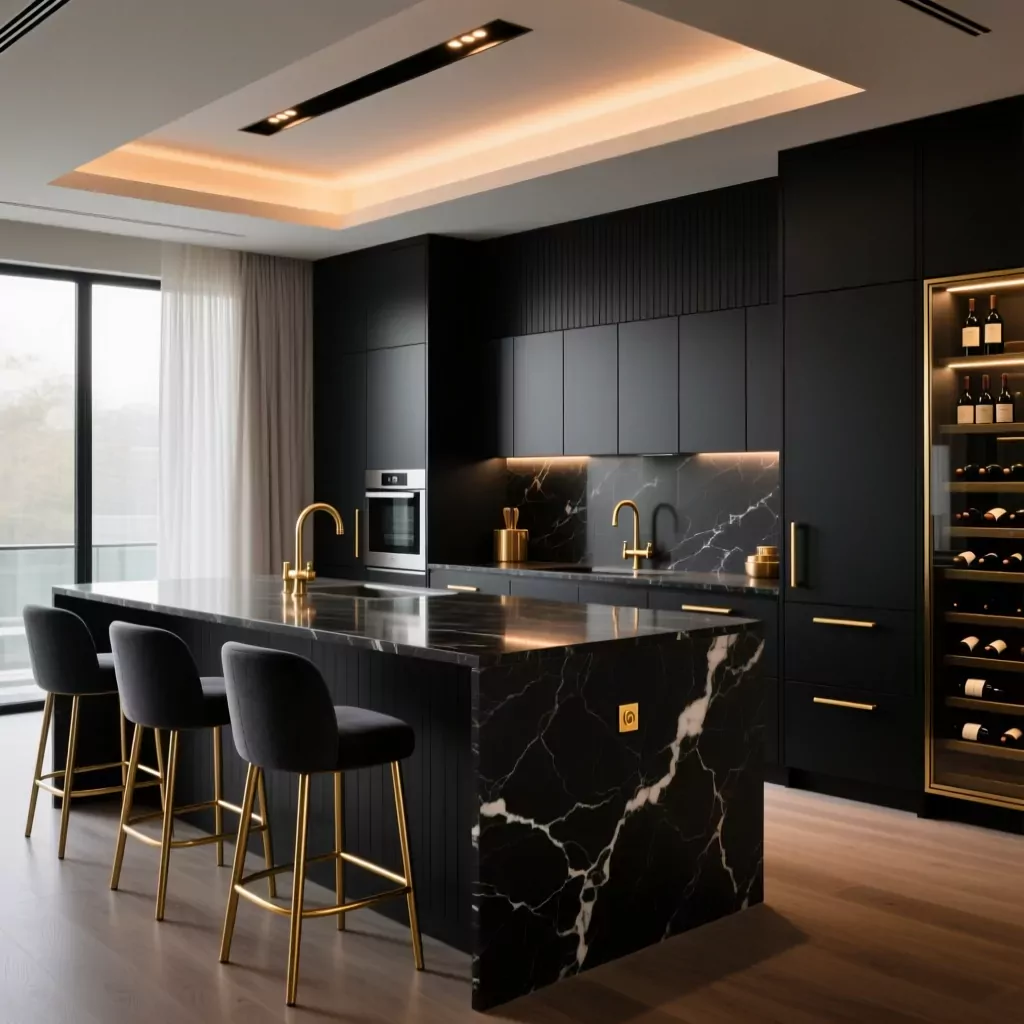 Bếp chung cư sang trọng với tủ đen, đá marble và đèn vàng.