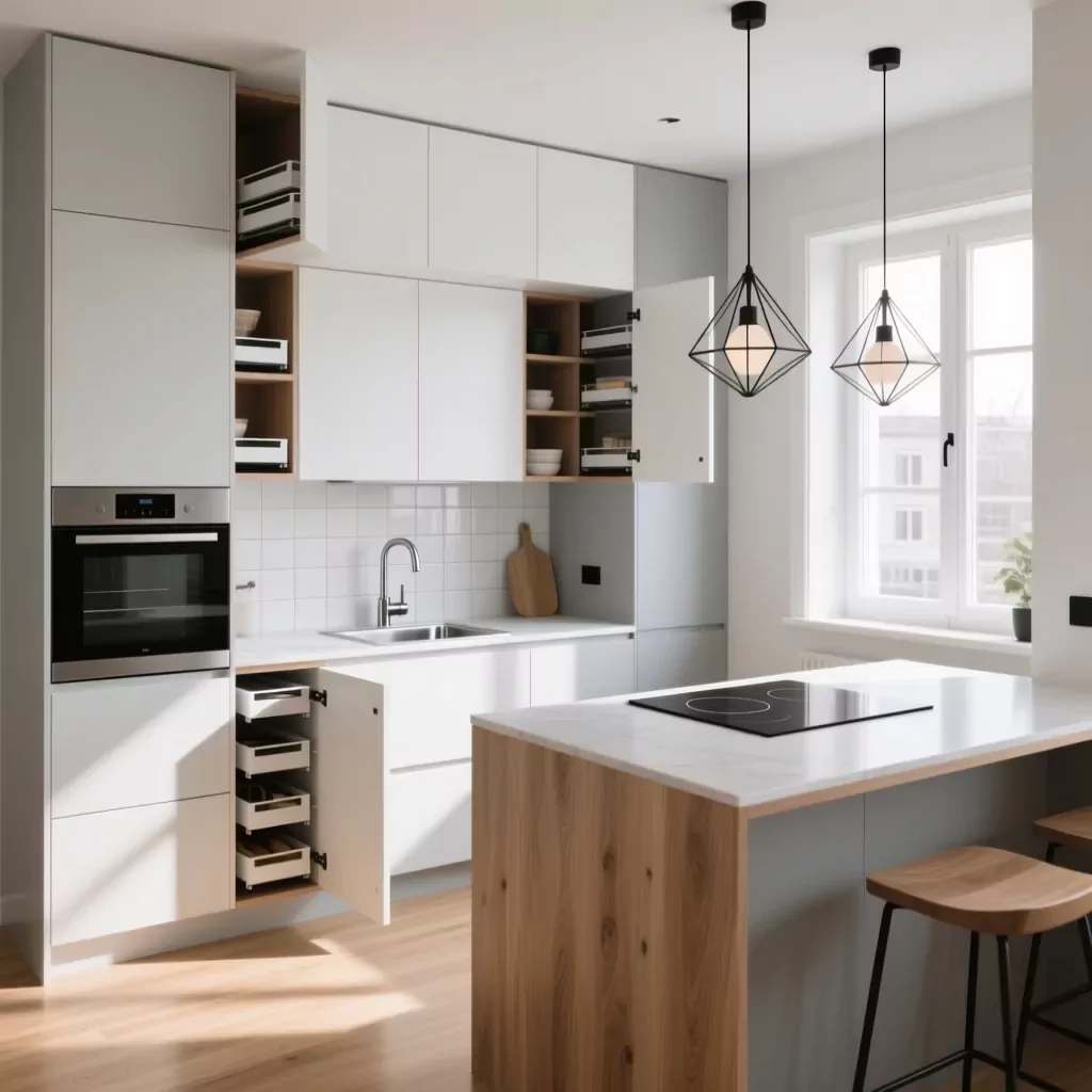 Bếp chung cư hiện đại với tủ trắng, đảo gỗ và đèn thả.