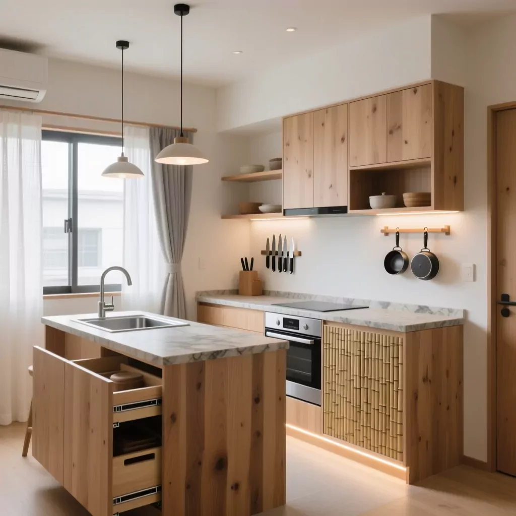 Bếp gỗ hiện đại với mặt đá marble và đèn treo.