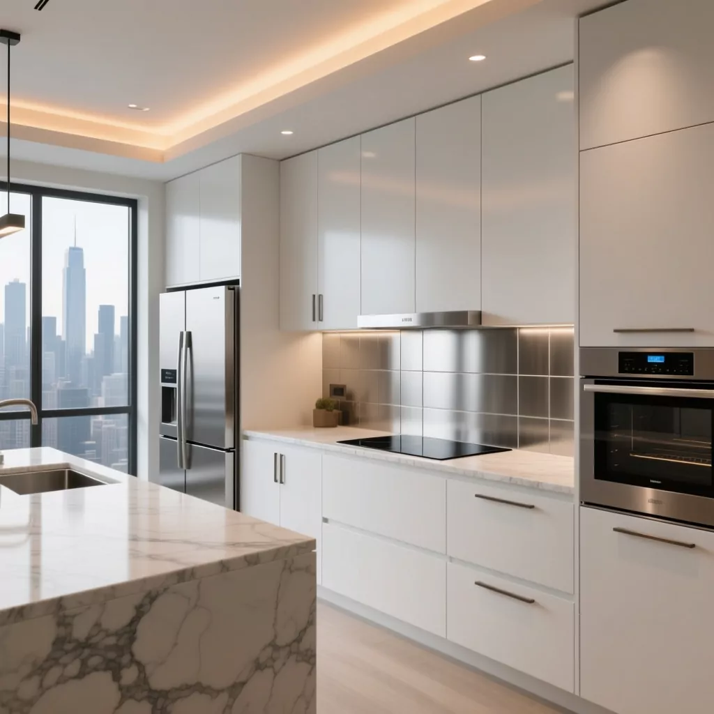 Bếp chung cư hiện đại với tủ trắng, đá marble và view thành phố.