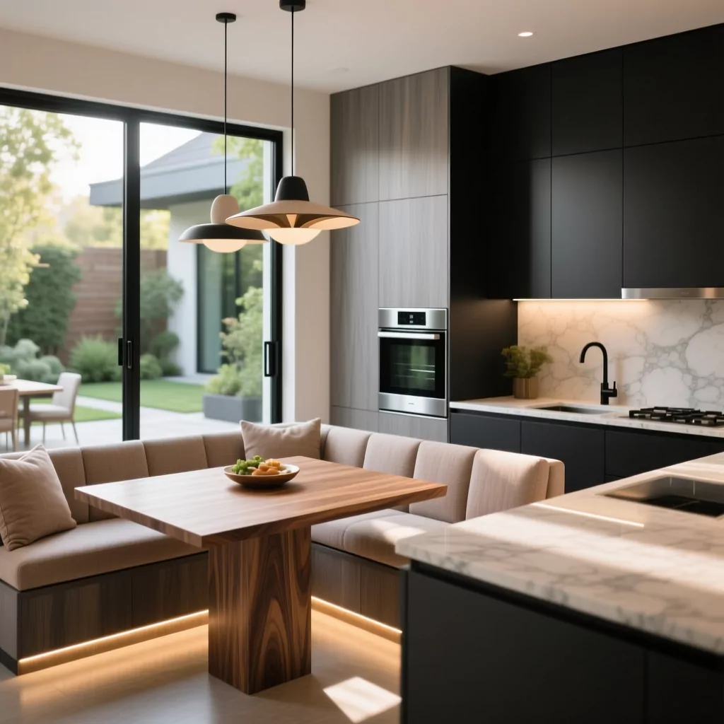 Bếp hiện đại với tủ đen và bàn ăn gỗ.