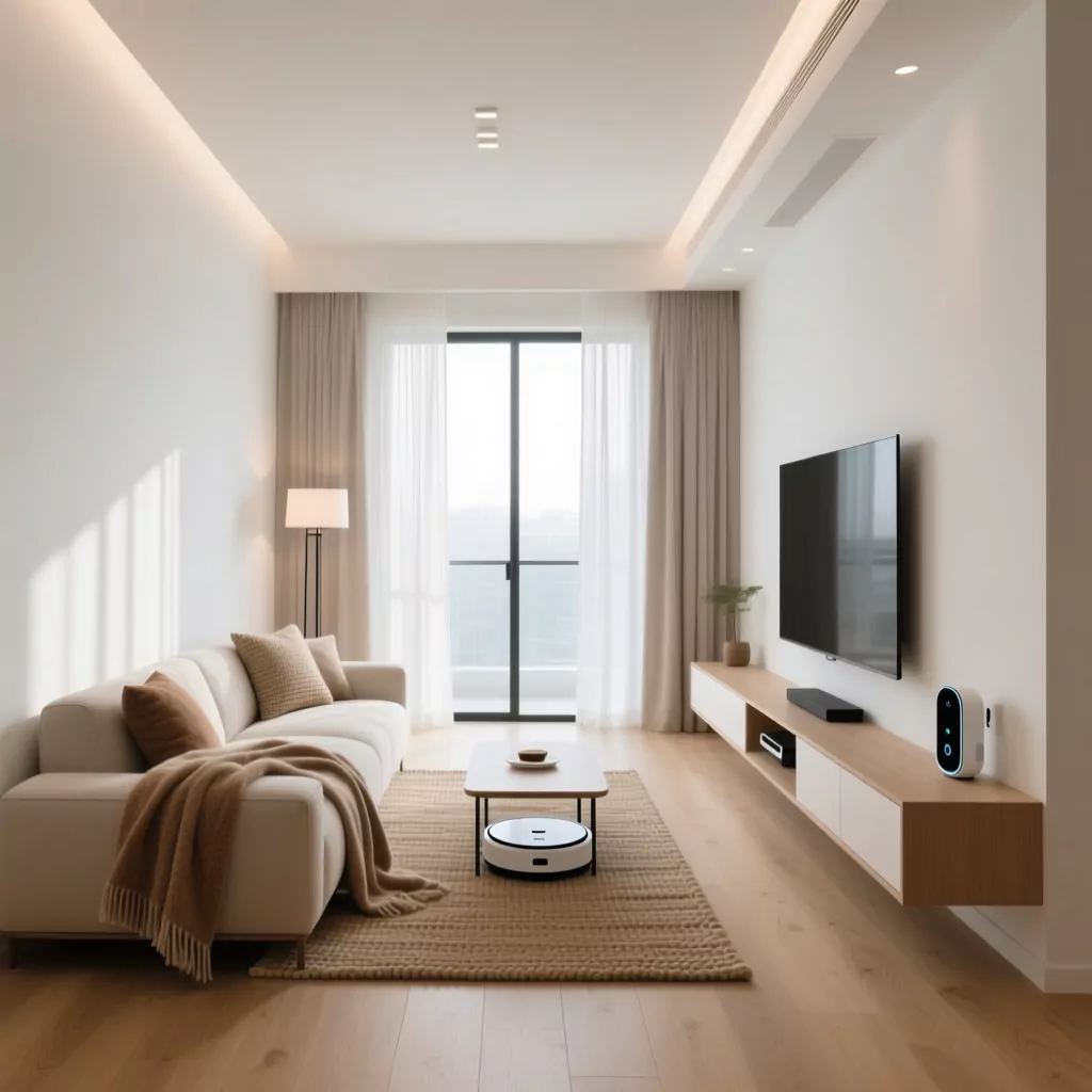 Phòng khách chung cư thiết kế tối giản với sofa và tivi.