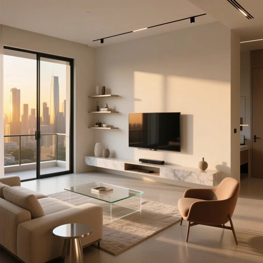 Các phong cách thiết kế nội thất: gam màu be, sofa êm ái, bàn kính trong, thảm len ấm áp.