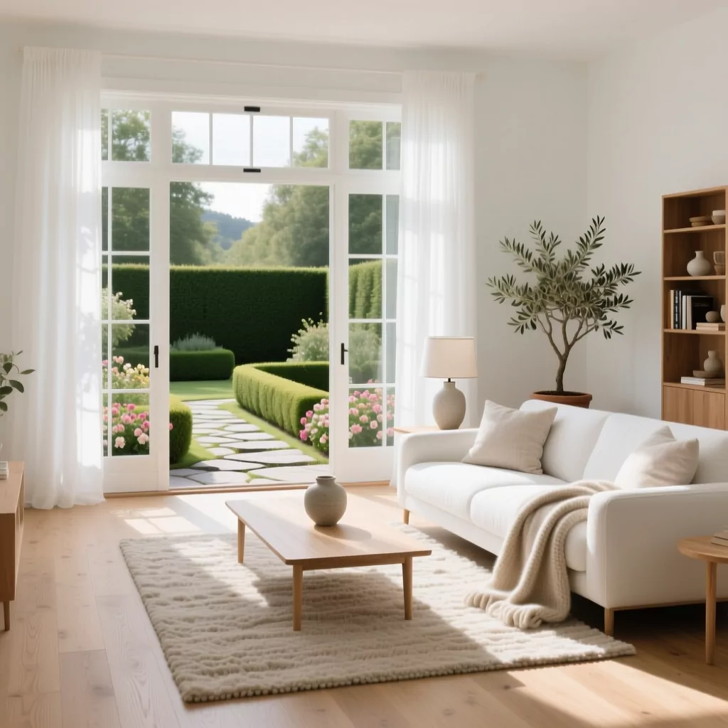 Các phong cách thiết kế nội thất: phòng khách tối giản hiện đại view vườn.