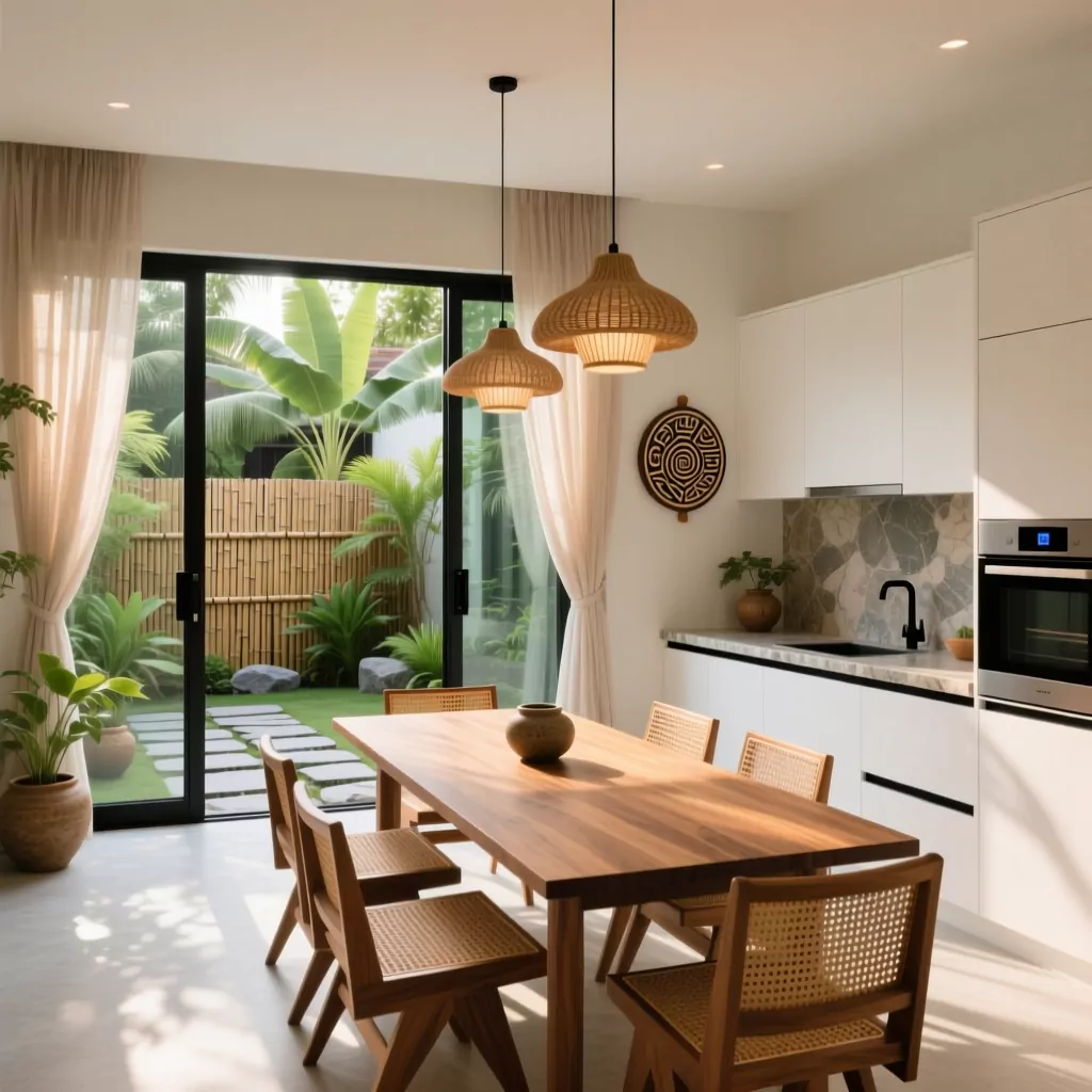 Các phong cách thiết kế nội thất: kết hợp gỗ, mây, và thiên nhiên.
