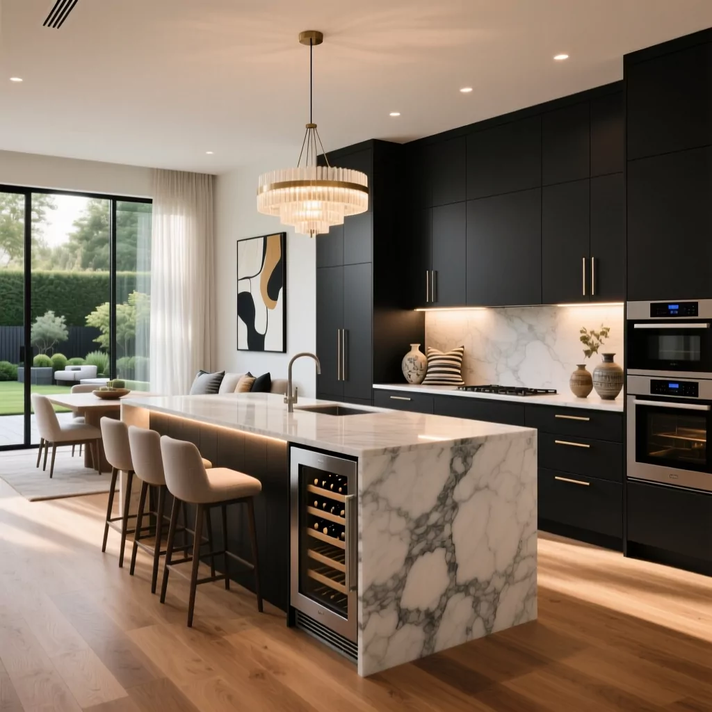 Các phong cách thiết kế nội thất: phòng bếp hiện đại với đảo đá cẩm thạch.