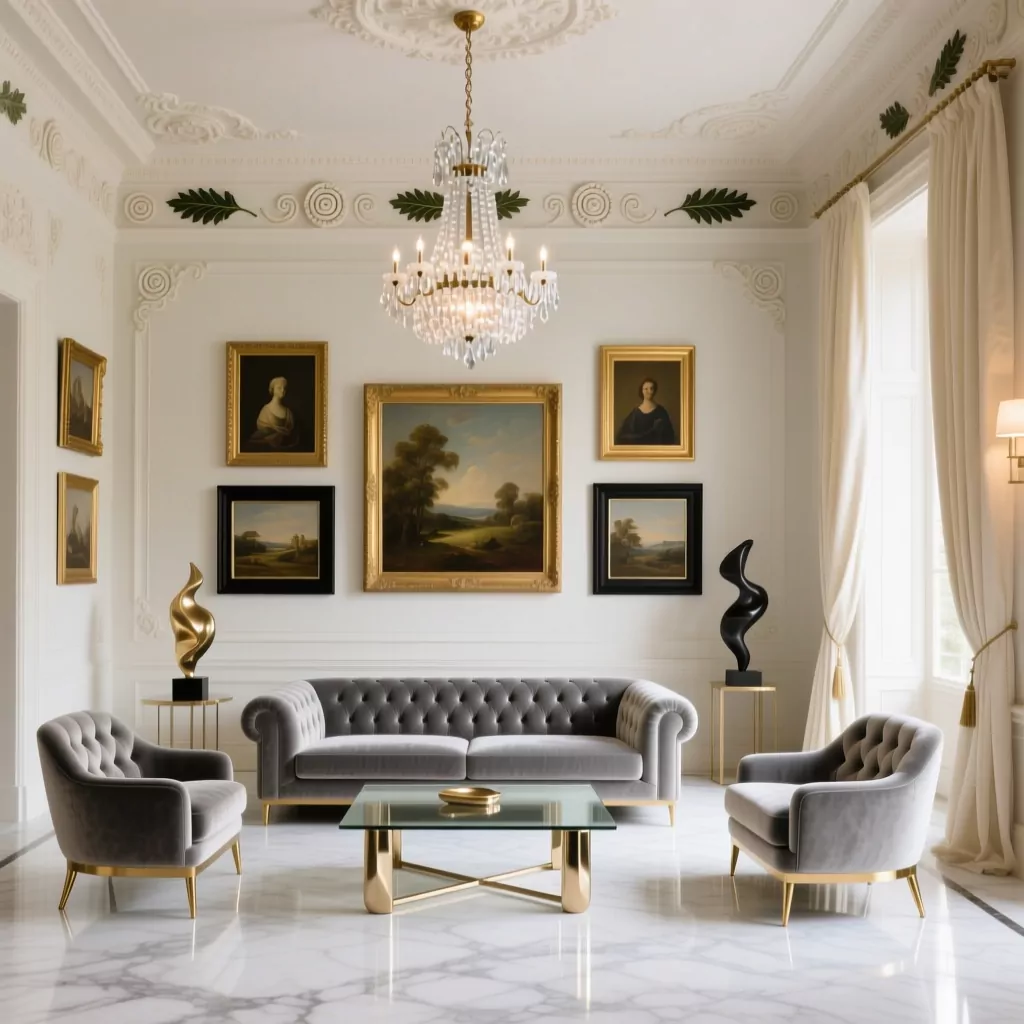 Các phong cách thiết kế nội thất: cổ điển sang trọng với sofa nhung và đèn chùm pha lê.