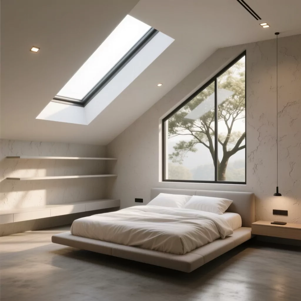 Các phong cách thiết kế nội thất: phòng ngủ hiện đại với trần dốc và cửa sổ lớn.