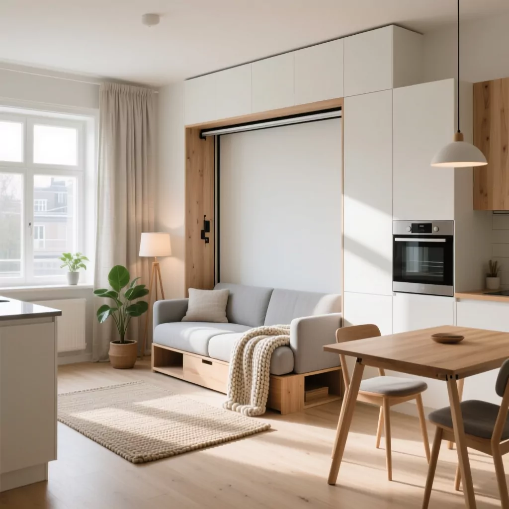 Giá thiết kế nội thất: phòng khách tối giản với sofa đa năng.