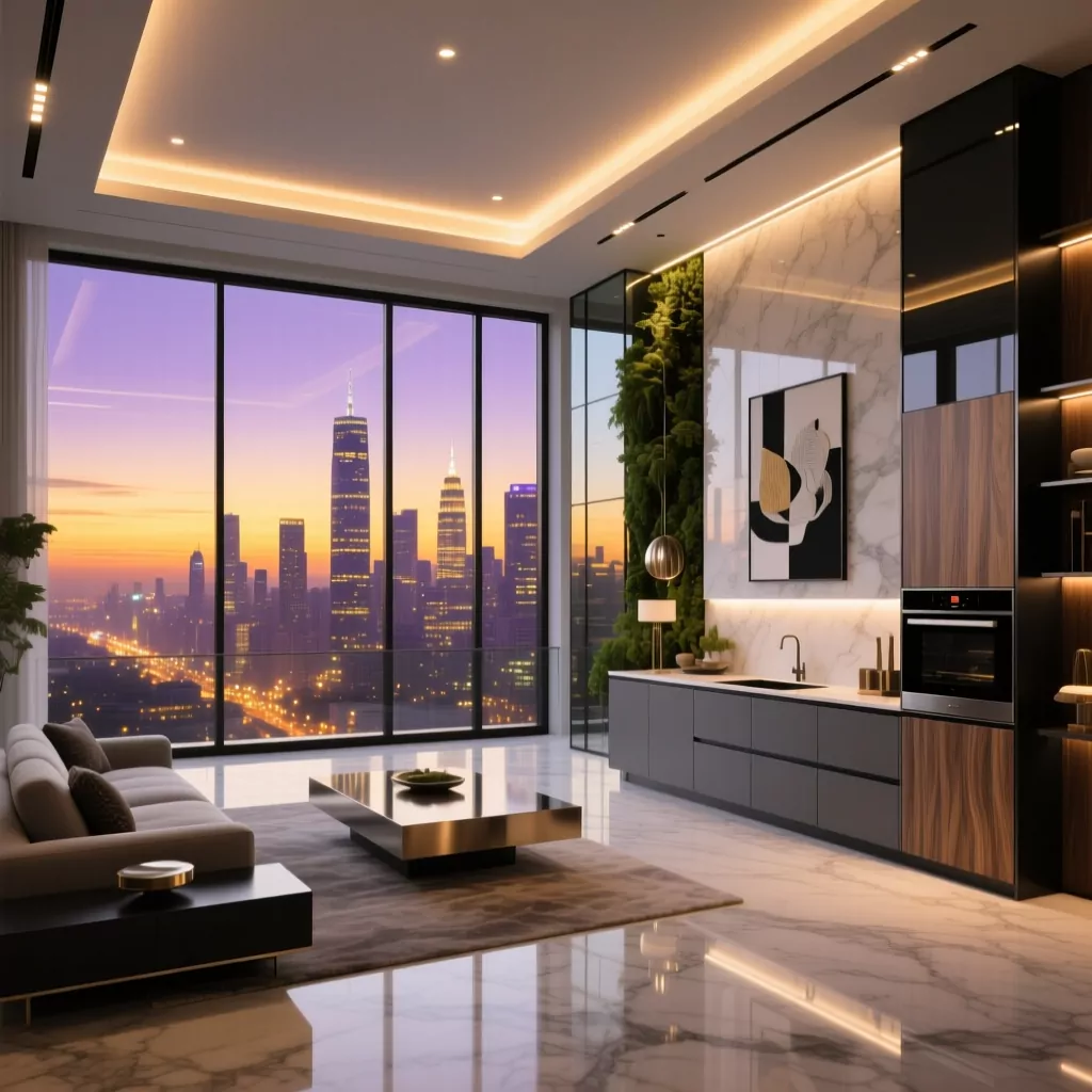 Không gian nội thất hiện đại với giá thiết kế tối ưu hóa vật liệu.