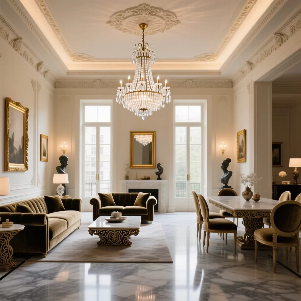 Phong cách cổ điển với sofa nâu, đèn chùm pha lê và sàn đá marble.