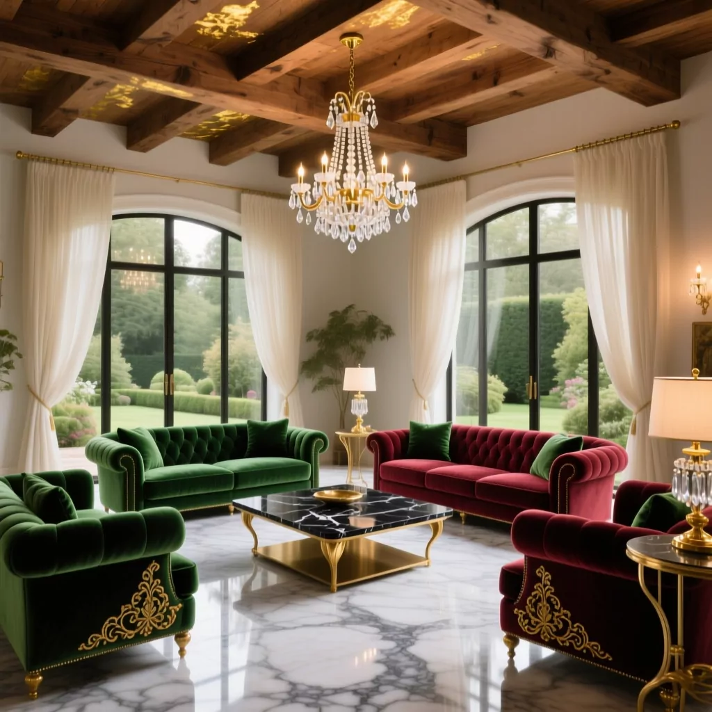 Không gian nội thất sang trọng với sofa màu sắc, trần gỗ ốp vàng và đèn chùm pha lê.