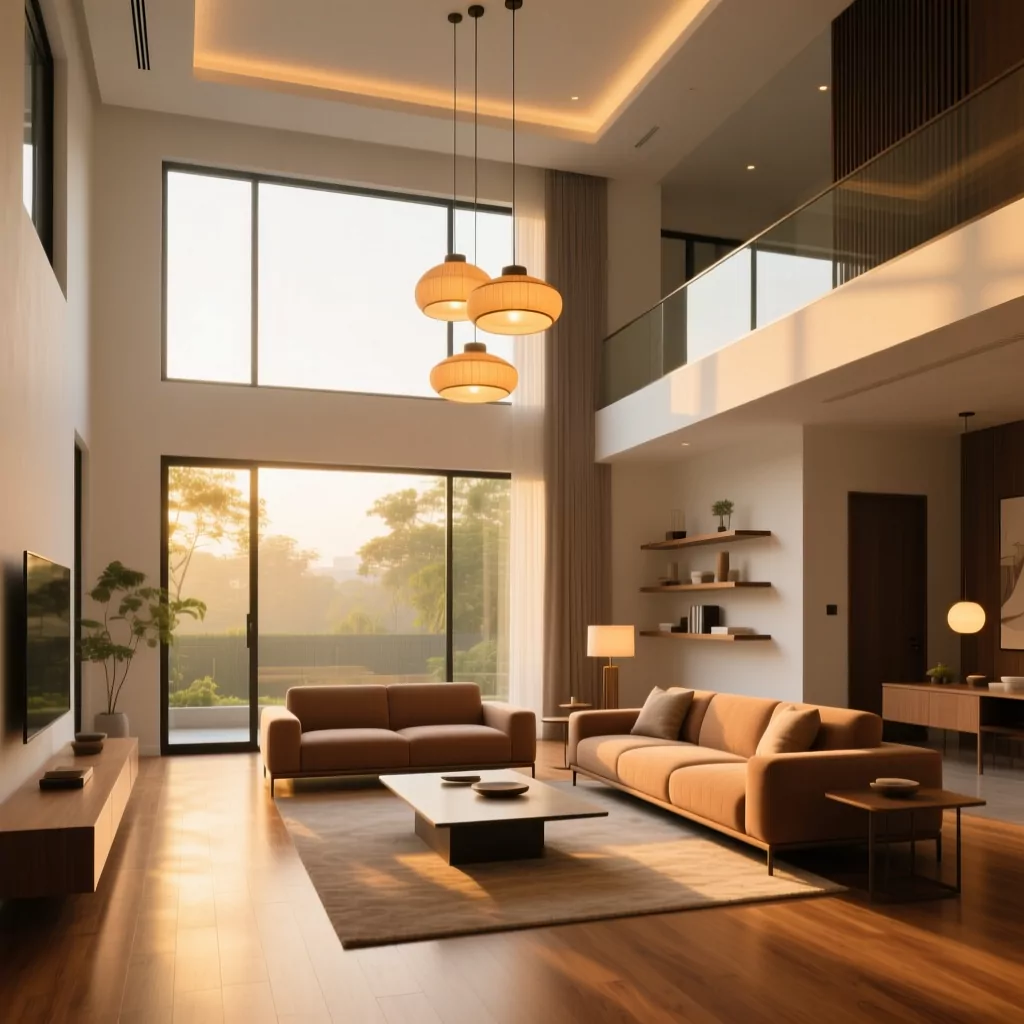 Giá thiết kế nội thất: phòng khách nhiệt đới hiện đại với gỗ và ánh sáng tự nhiên.
