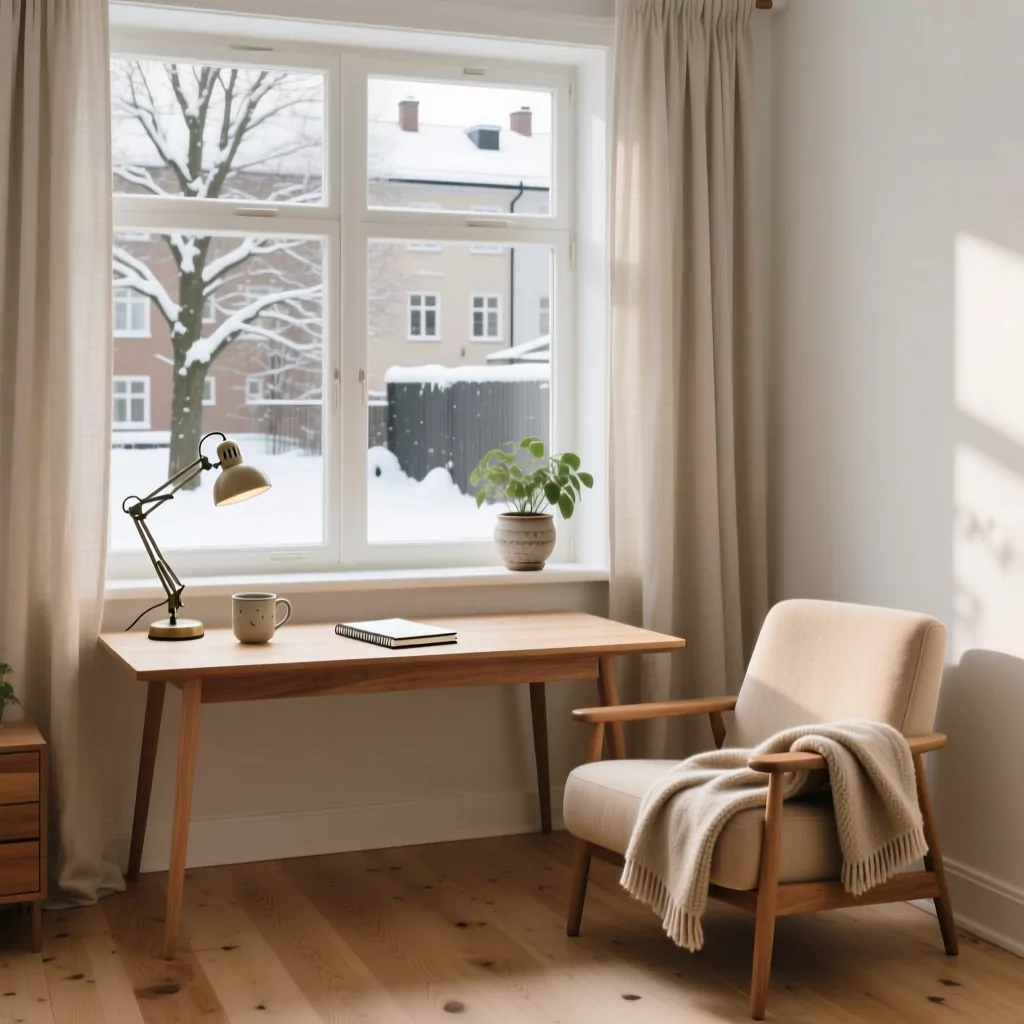 Nội thất chung cư 2 phòng ngủ: góc làm việc gỗ ấm cúng view tuyết.