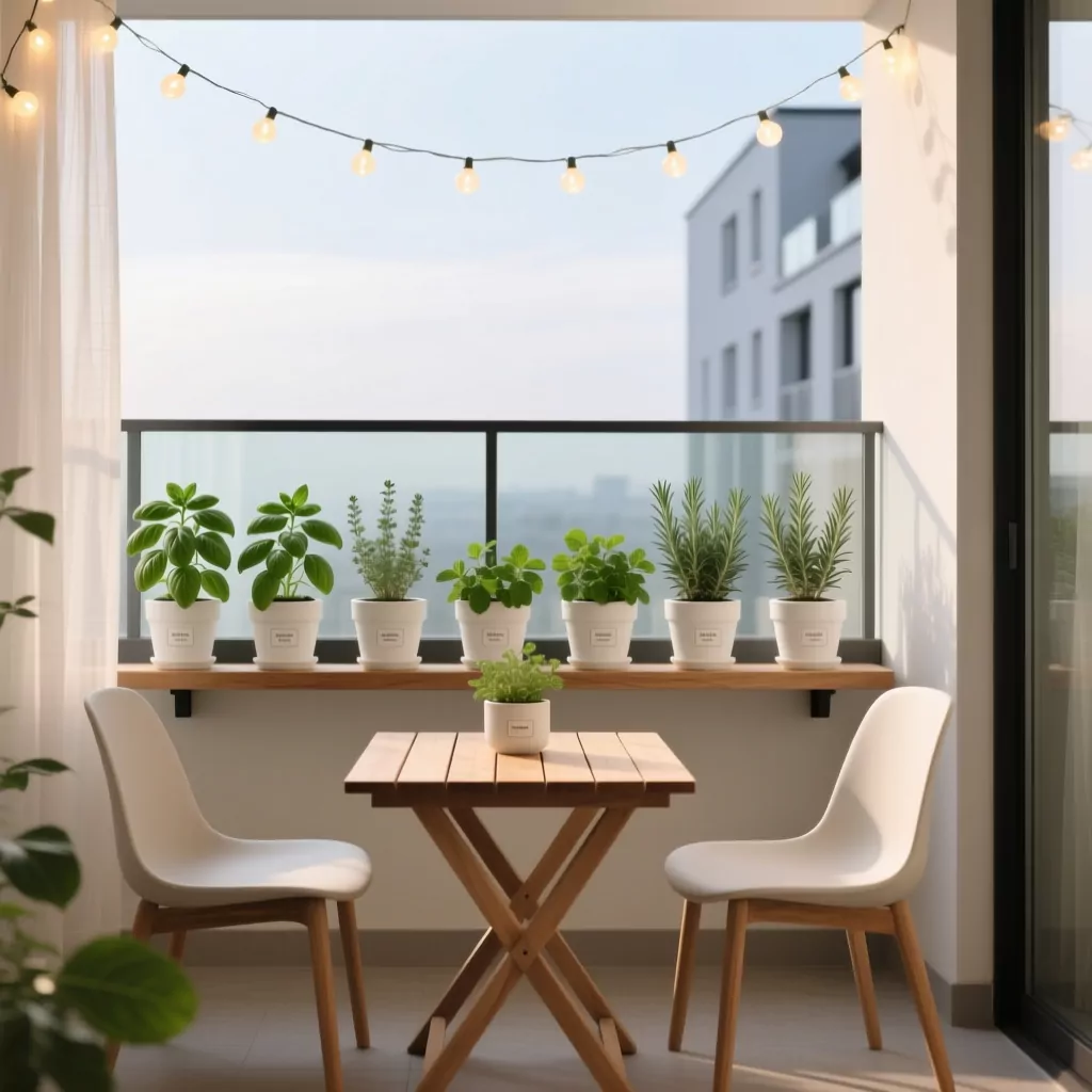 Nội thất chung cư 2 phòng ngủ: Ban công nhỏ xinh với bàn ghế gỗ và chậu cây xanh.
