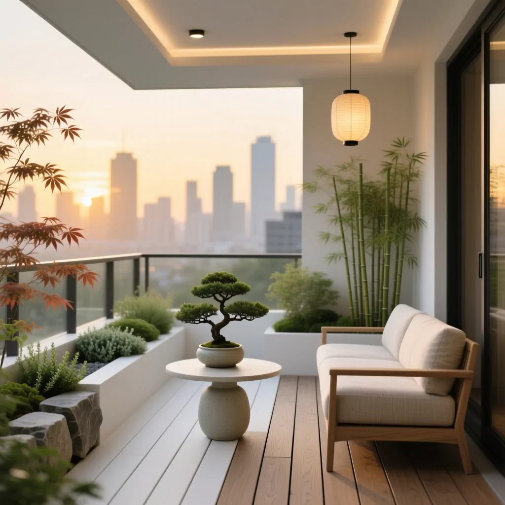 Nội thất chung cư 2 phòng ngủ: ban công hiện đại với sofa gỗ và cây cảnh.