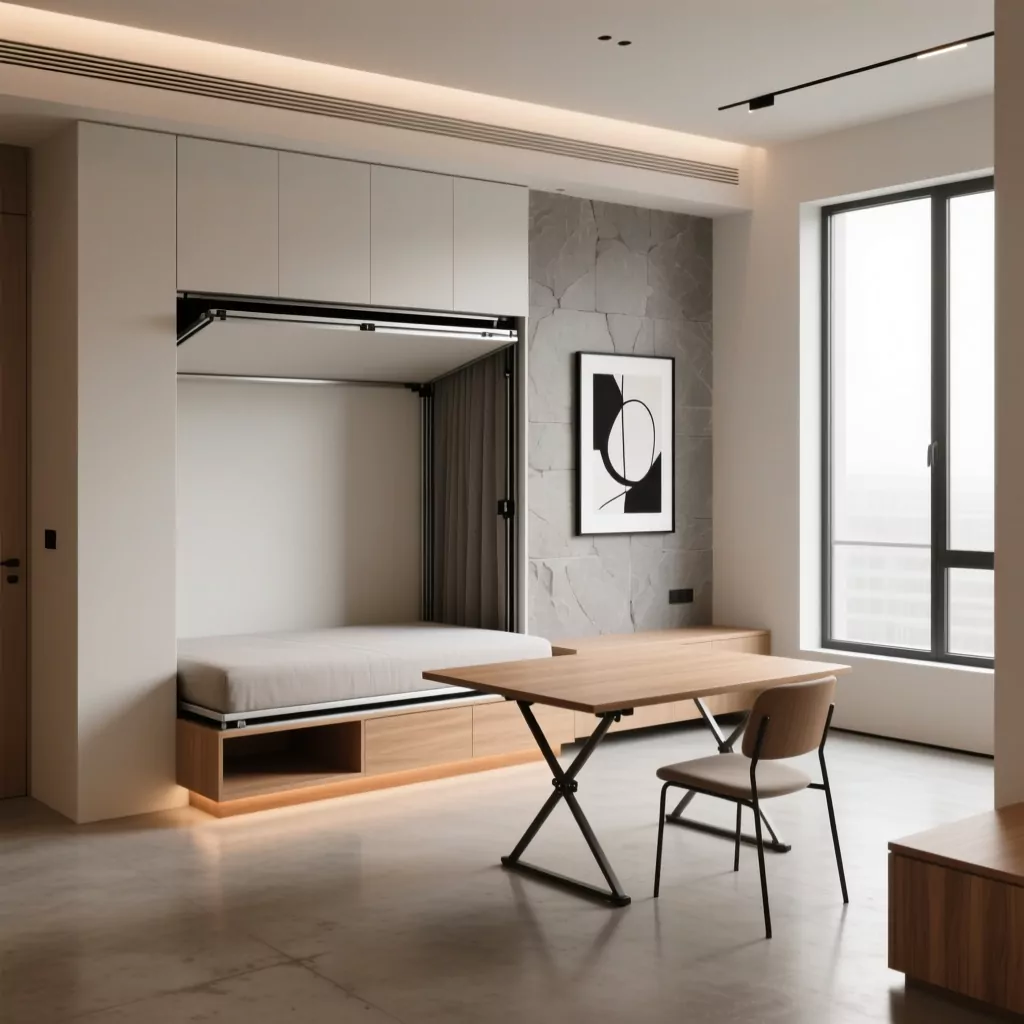 Nội thất chung cư nhỏ tối giản với giường gấp và bàn làm việc gỗ.