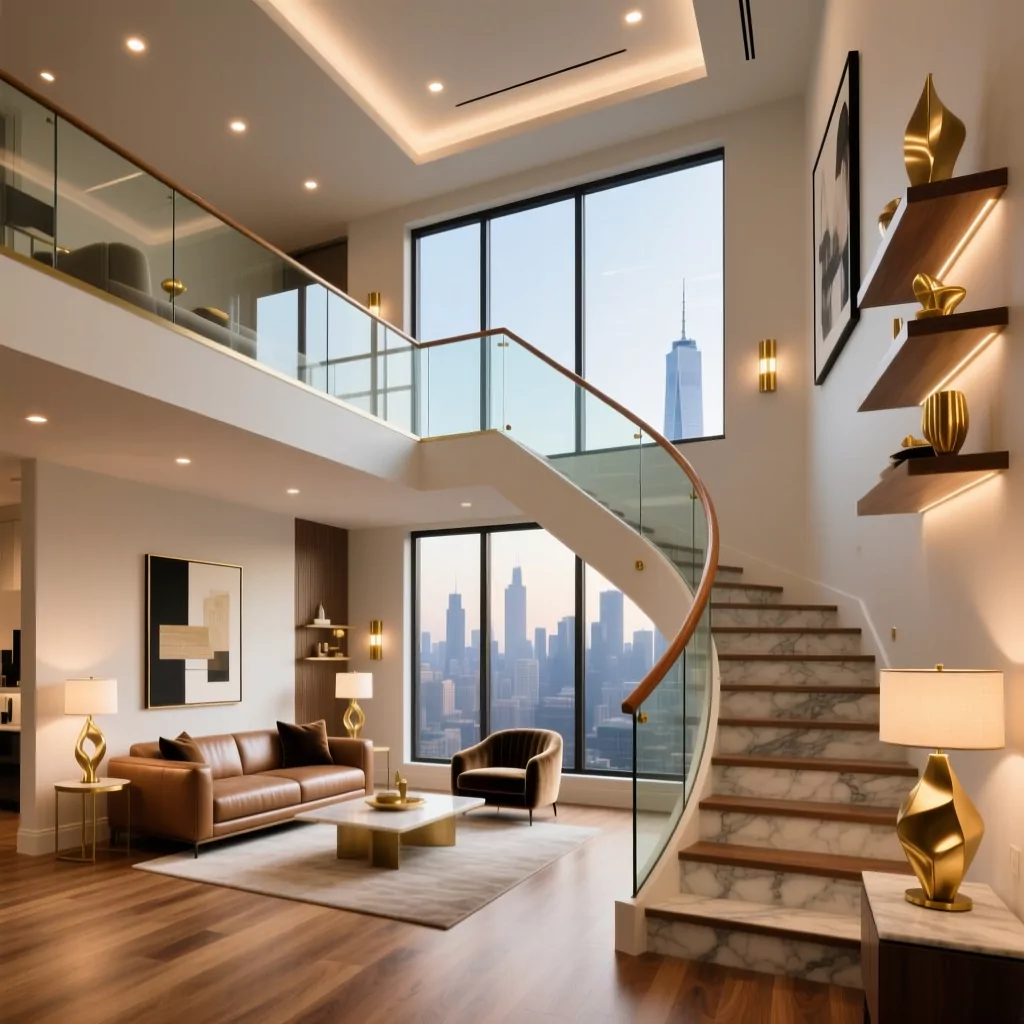 Nội thất chung cư nhỏ sang trọng với cầu thang đá và sofa da.