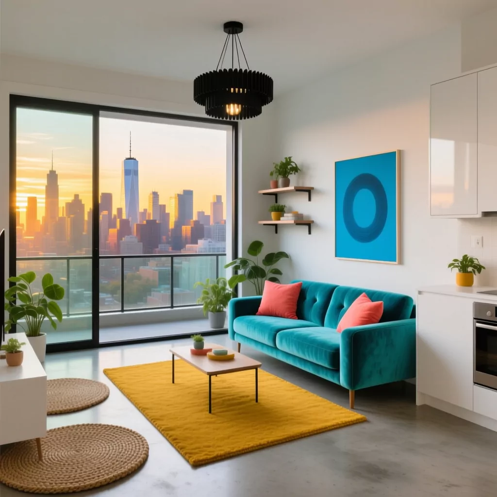 Nội thất chung cư nhỏ với sofa xanh ngọc và thảm vàng ấm áp.