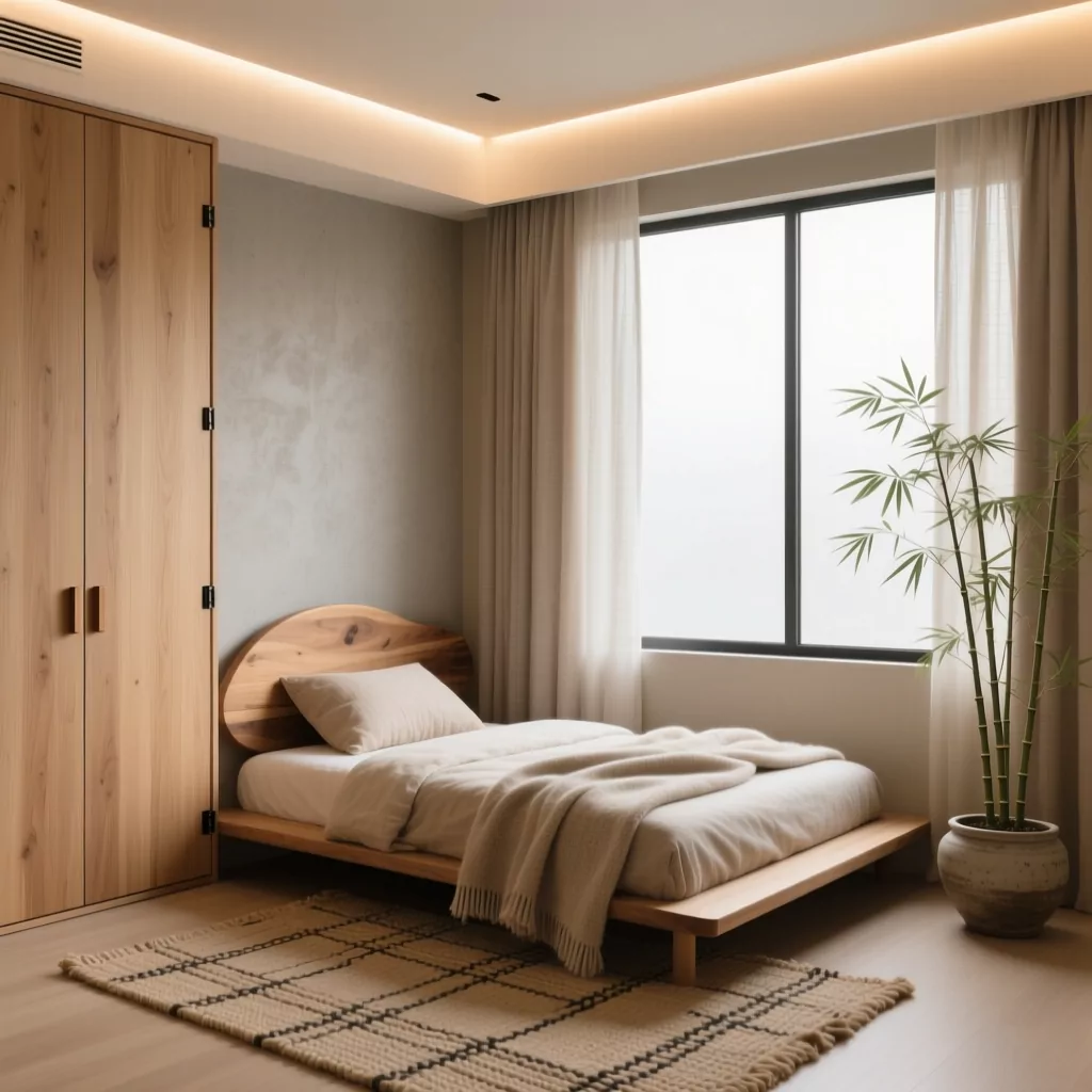 Nội thất chung cư nhỏ với gỗ ấm áp và rèm mỏng.