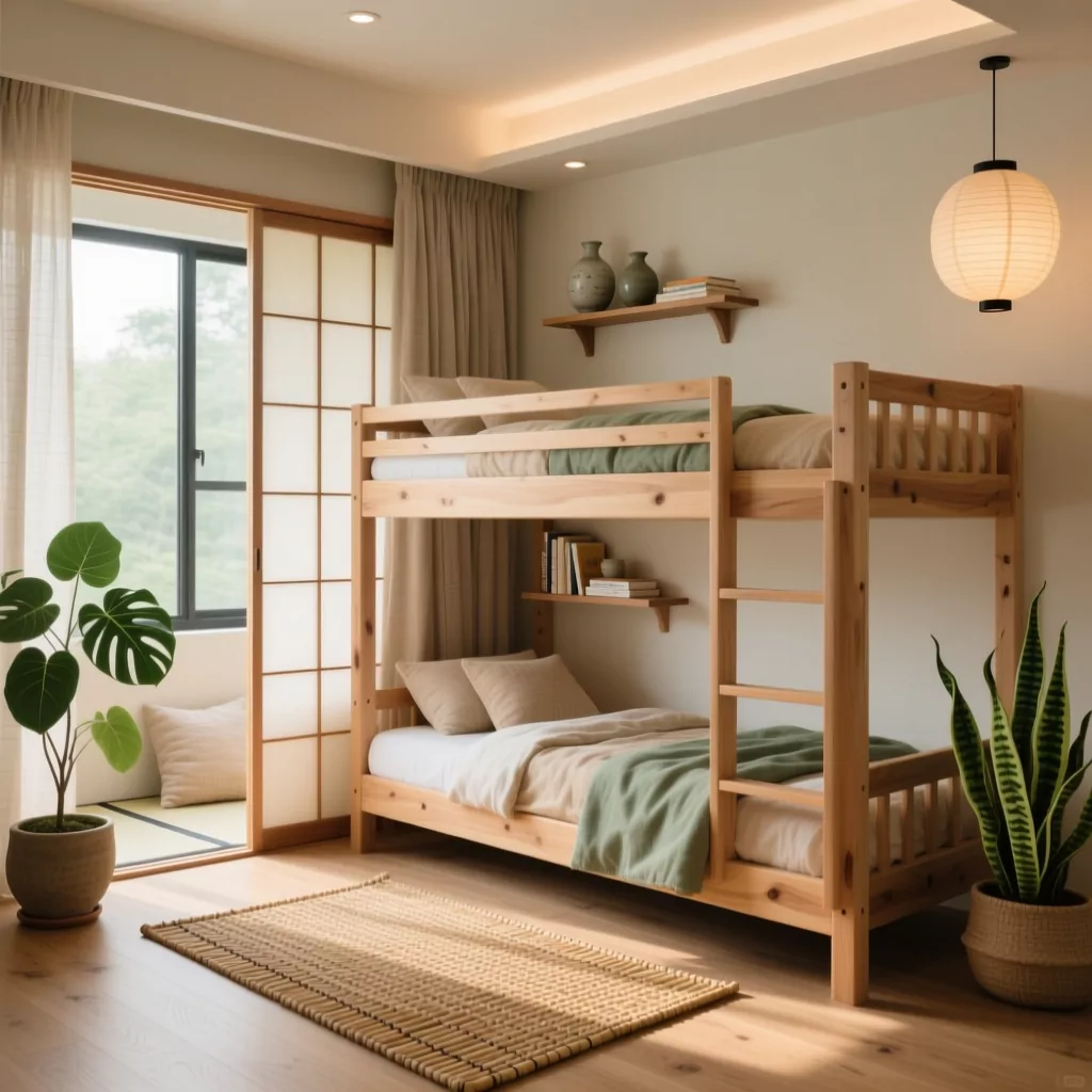 Nội thất chung cư nhỏ với giường tầng gỗ và đèn lồng giấy.