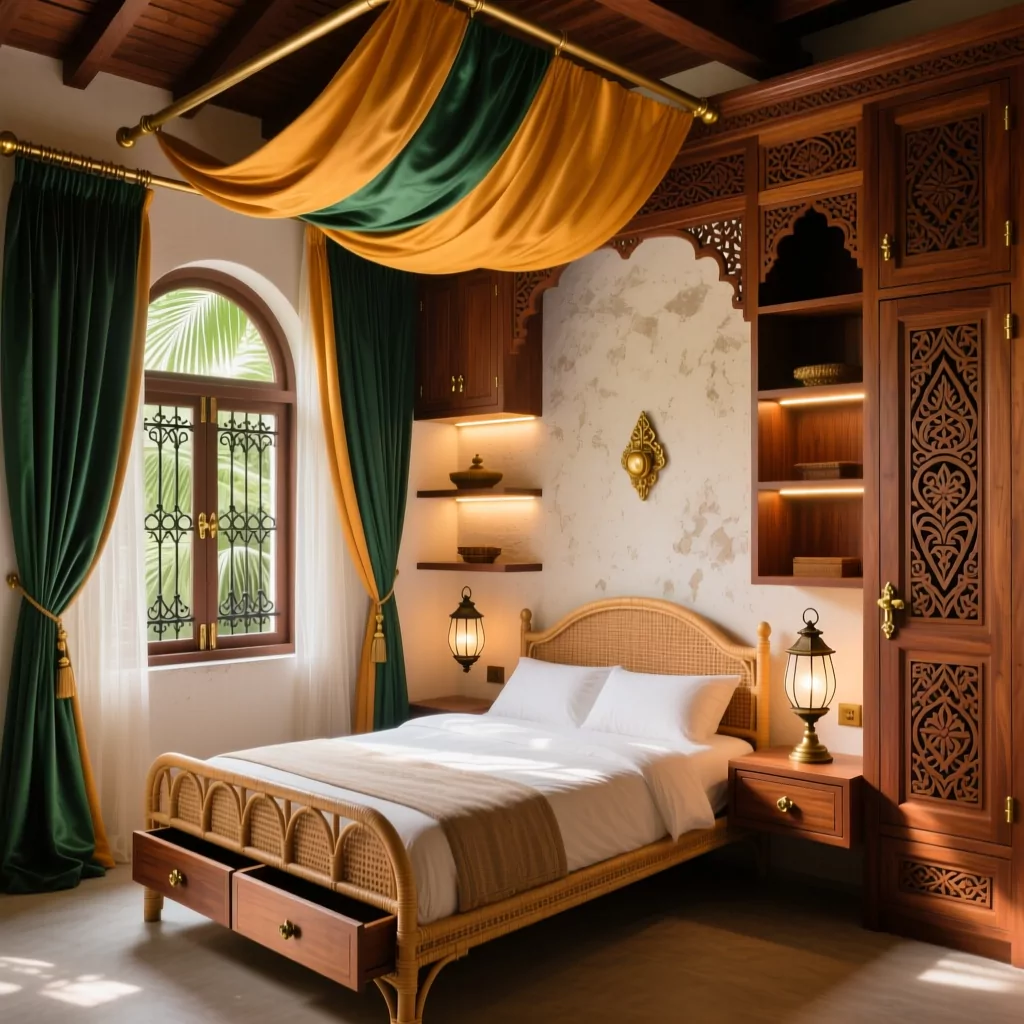 Nội thất chung cư nhỏ mang phong cách Wabi Sabi với rèm vải và gỗ chạm khắc.