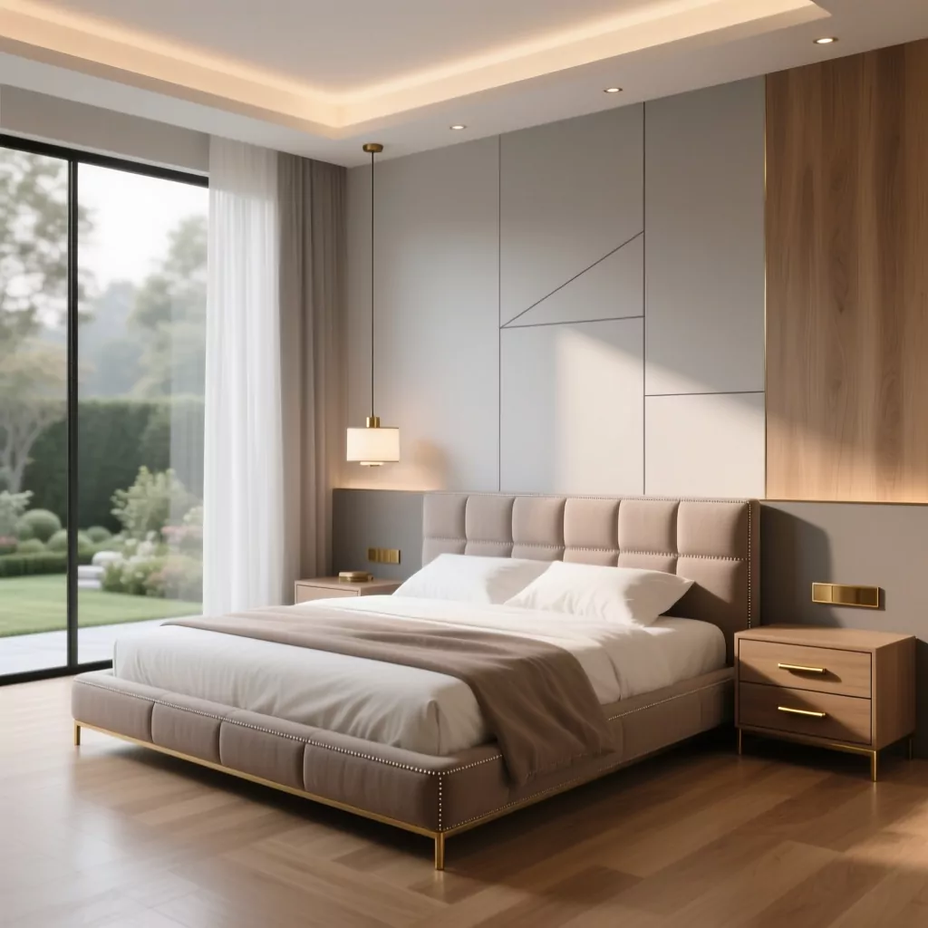 Nội thất chung cư nhỏ: phòng ngủ gỗ ấm, đèn vàng dịu, thiết kế tối giản.