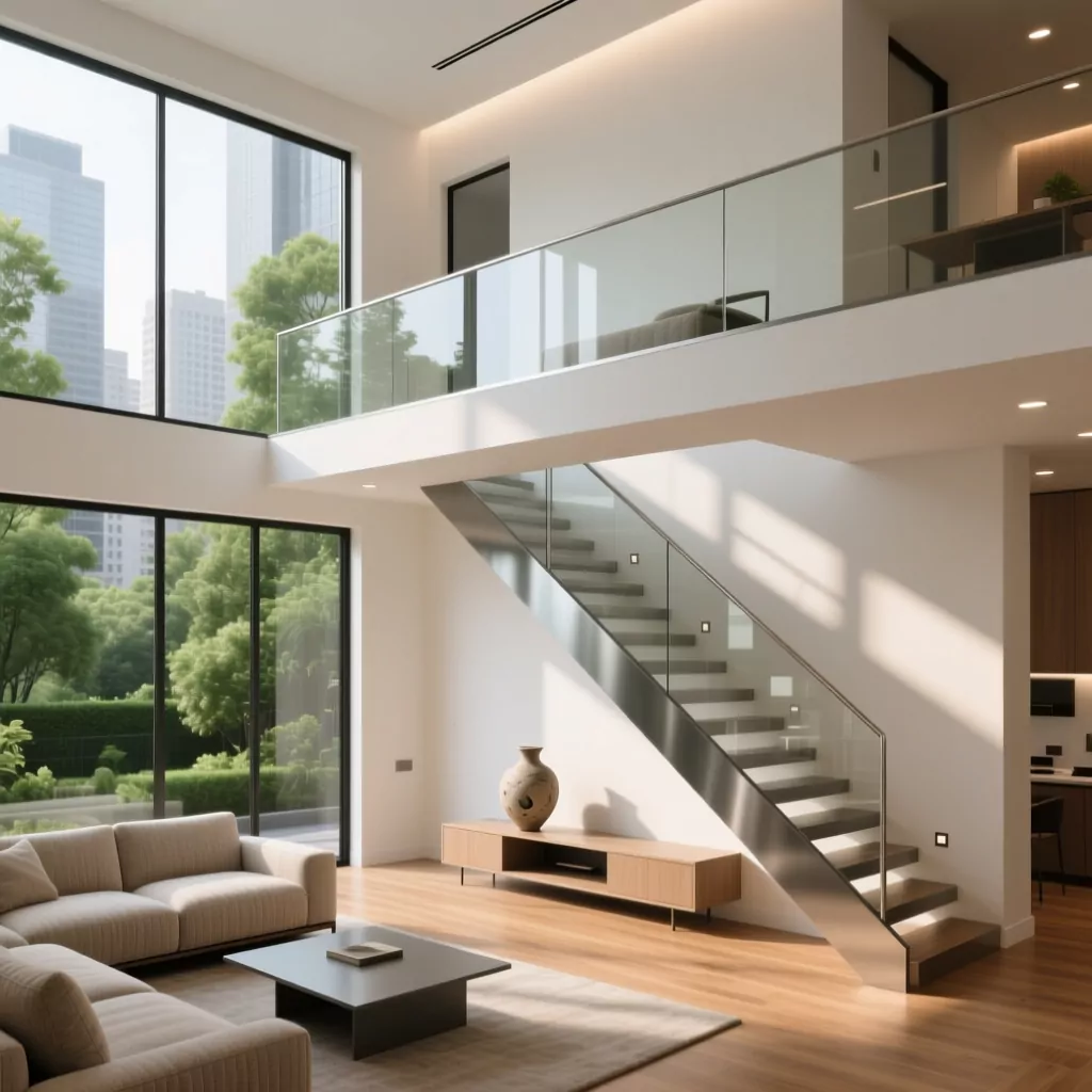 Nội thất chung cư tân cổ điển với cầu thang kính và sofa vải be.