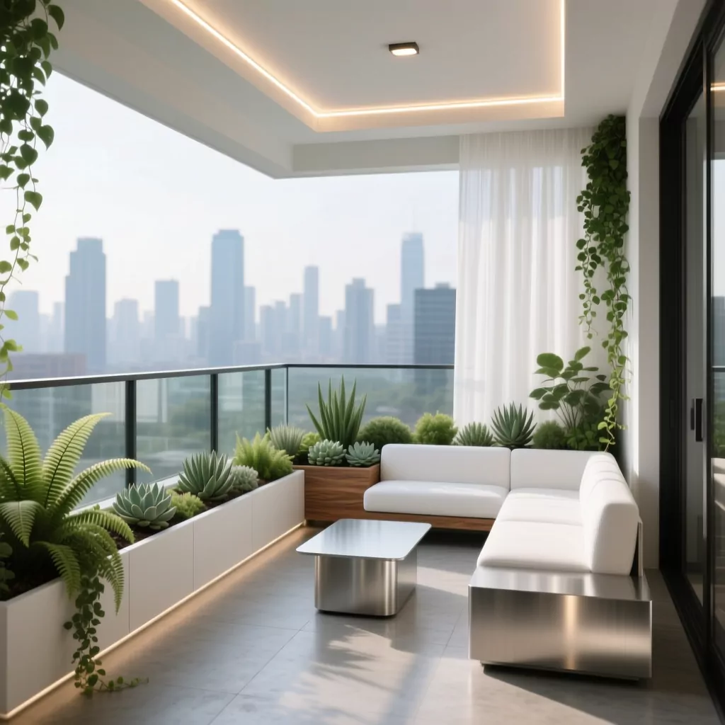 Ban công nội thất chung cư tân cổ điển với sofa trắng, bàn kim loại và cây xanh.