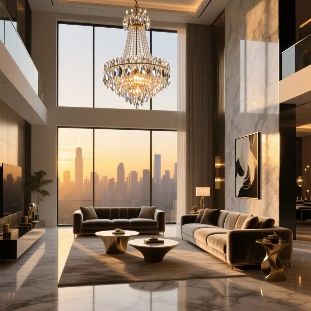 Nội thất gỗ công nghiệp trong phòng khách cao cấp với sofa vải nhung và đèn chùm pha lê.