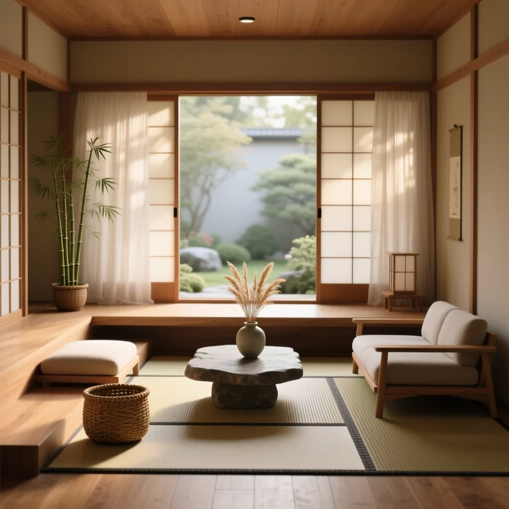 Nội thất gỗ công nghiệp phong cách Nhật, bàn đá, thảm tatami.