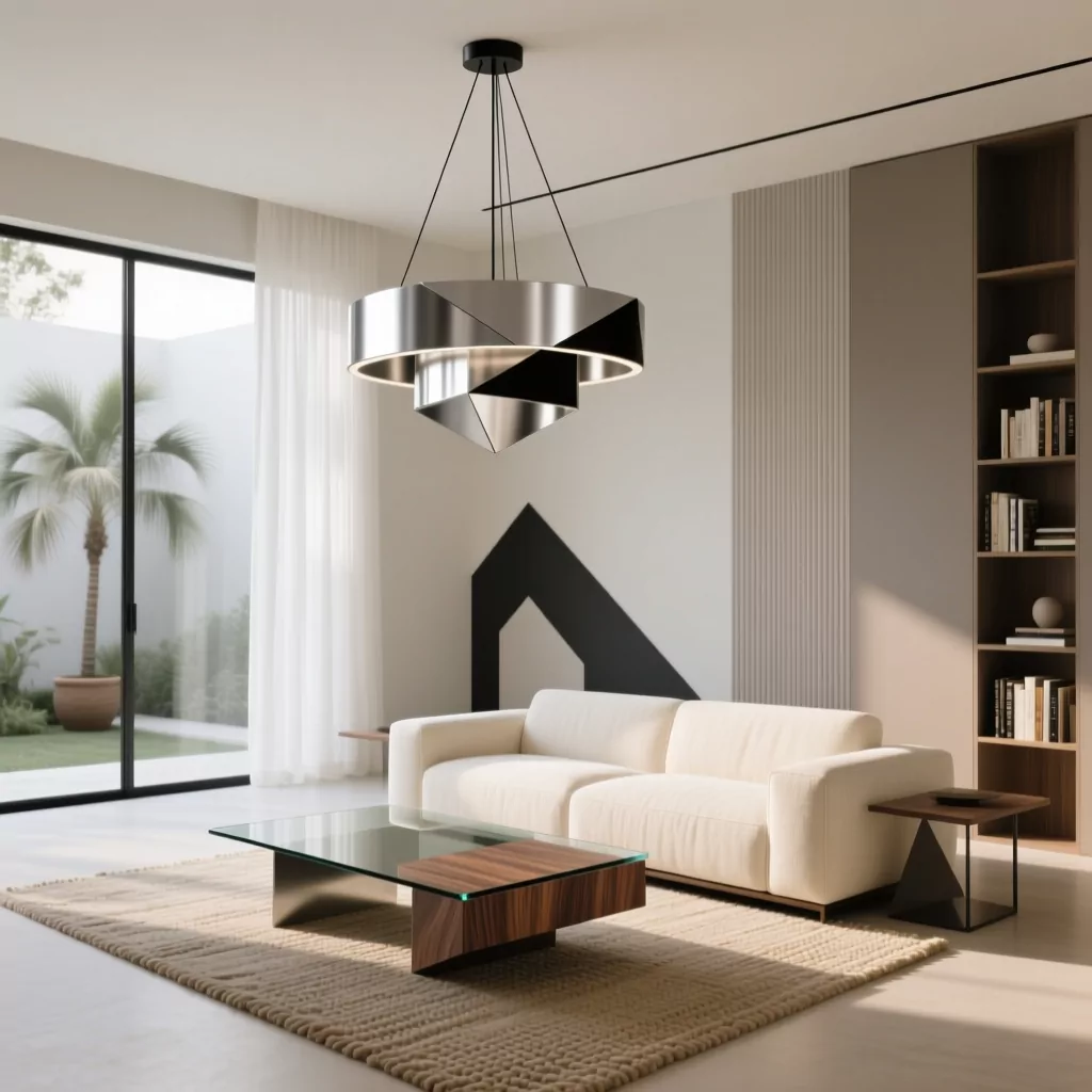 Nội thất gỗ công nghiệp trong phòng khách hiện đại với sofa kem và đèn thả kim loại.