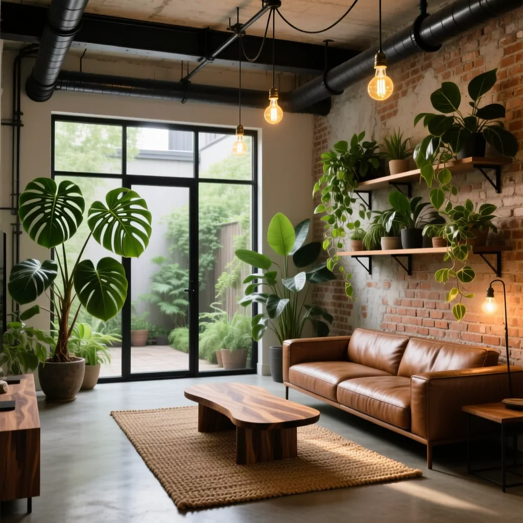 Nội thất gỗ công nghiệp trong không gian sống hiện đại với sofa da và cây xanh.