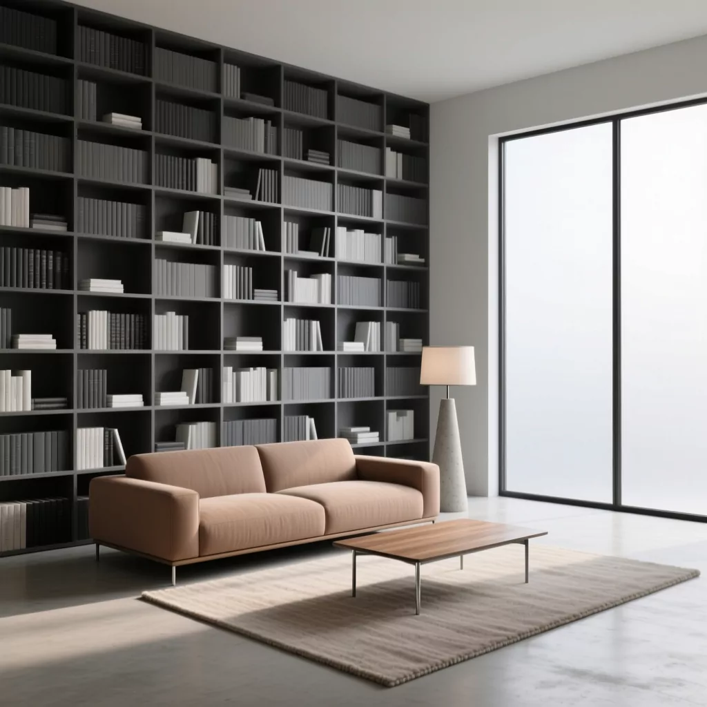 Nội thất gỗ công nghiệp trong phòng khách tối giản với kệ sách đen và sofa nâu.