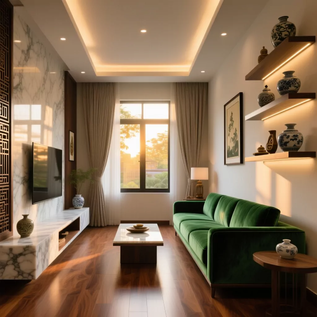 Nội thất gỗ công nghiệp kết hợp sofa xanh trong phòng khách sang trọng.
