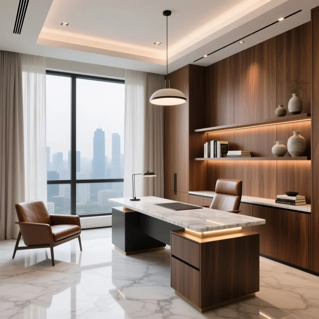 Nội thất gỗ công nghiệp trong không gian văn phòng hiện đại.