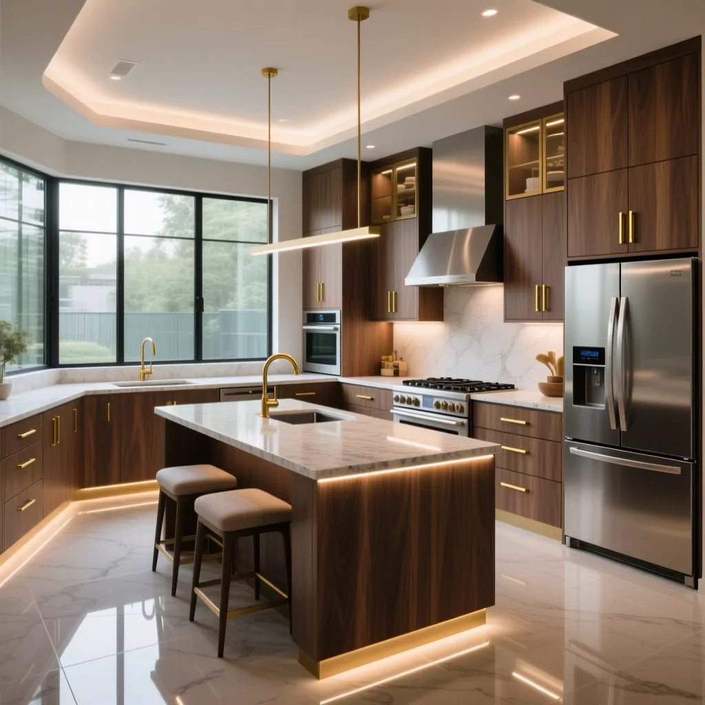 Nội thất gỗ công nghiệp trong phòng bếp hiện đại với ánh sáng vàng ấm.