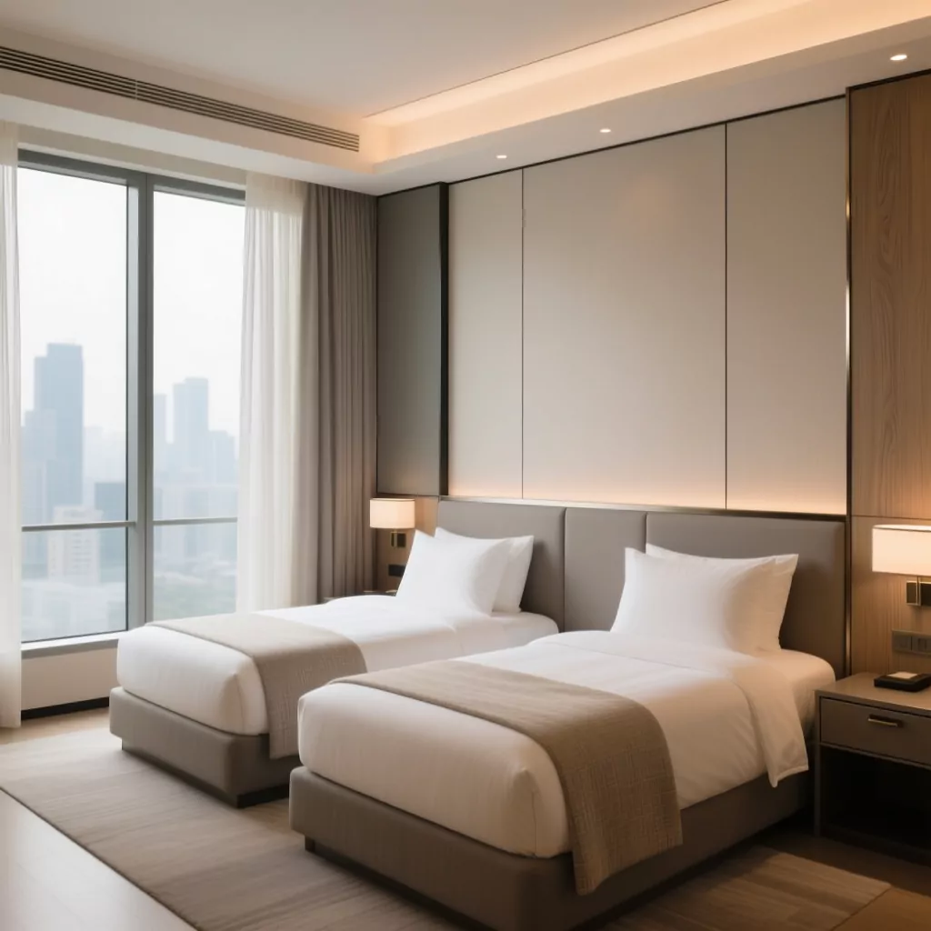 Nội thất gỗ công nghiệp trong phòng ngủ hiện đại với hệ tủ tinh tế.