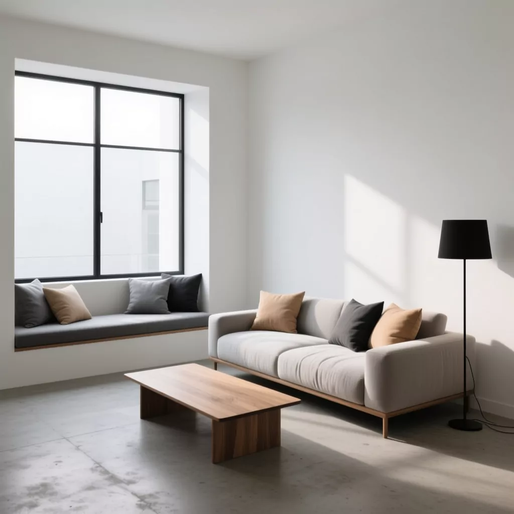 Nội thất gỗ óc chó trong phòng khách hiện đại với sofa bông và bàn trà nhỏ gọn.