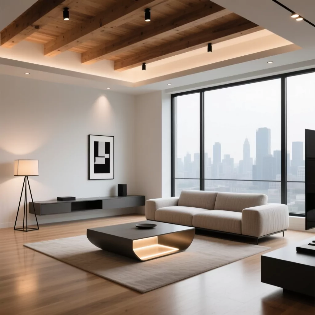 Nội thất gỗ óc chó trong phòng khách hiện đại với trần gỗ và sofa trắng.