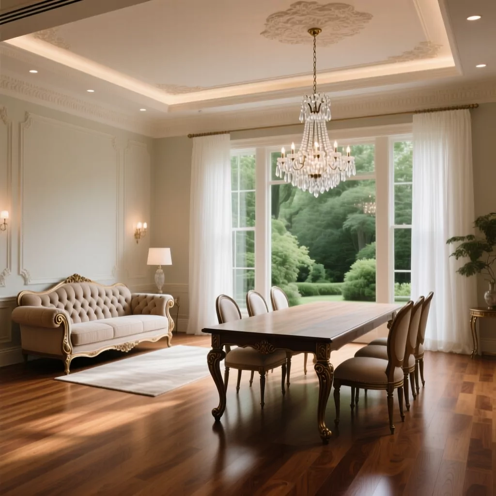 Nội thất gỗ óc chó sang trọng trong phòng ăn với đèn chùm pha lê.