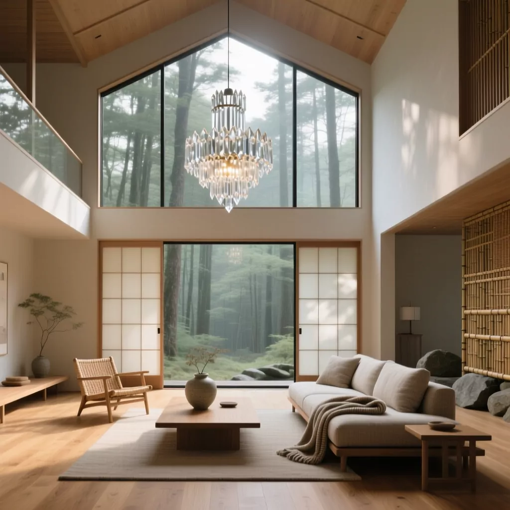 Nội thất gỗ óc chó sang trọng view rừng trong phòng khách hiện đại.