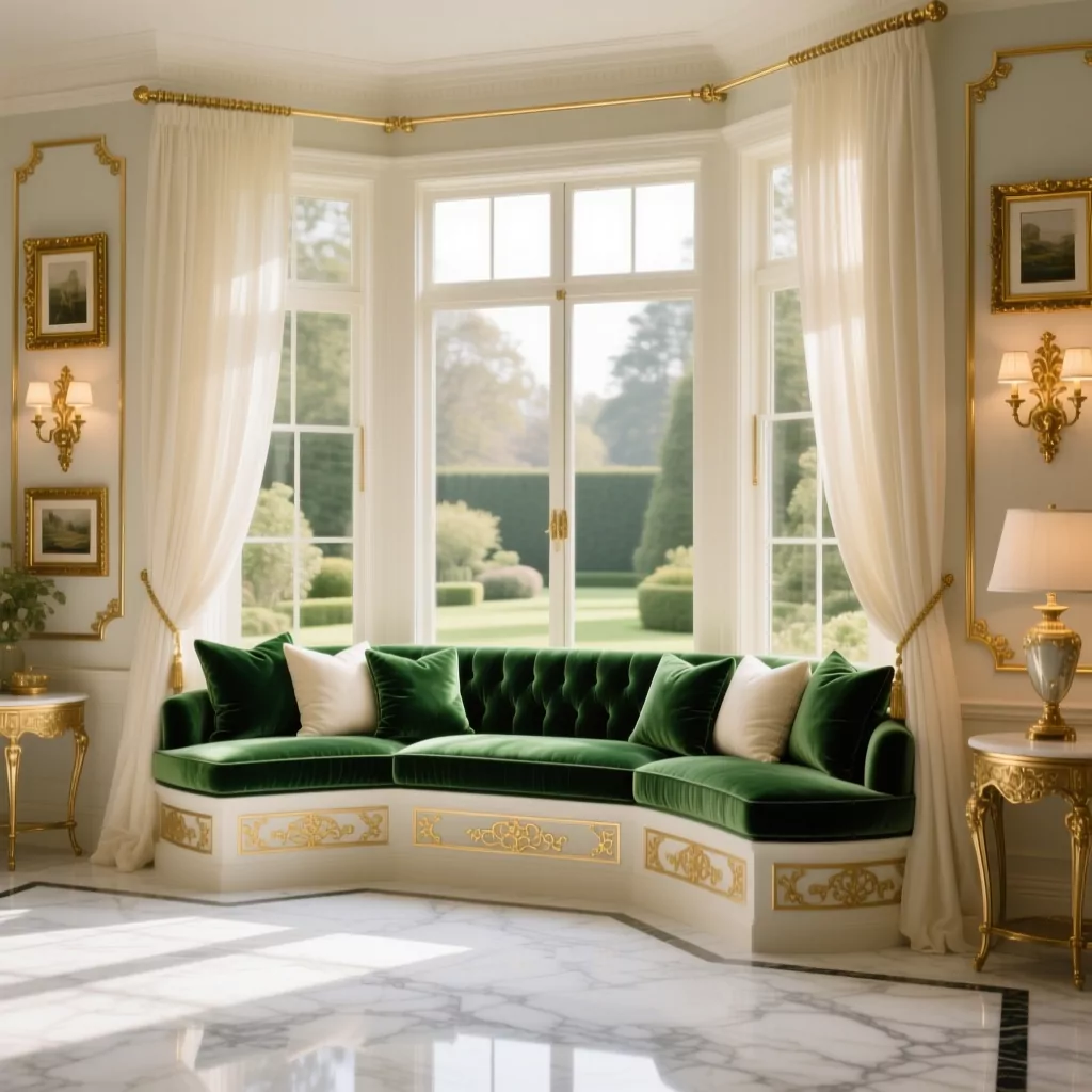 Nội thất gỗ óc chó với sofa xanh ngọc và chi tiết vàng.
