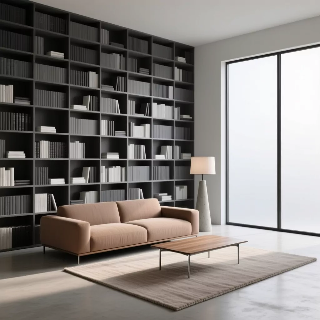 Nội thất gỗ óc chó kết hợp sofa bông và kệ sách tối giản.