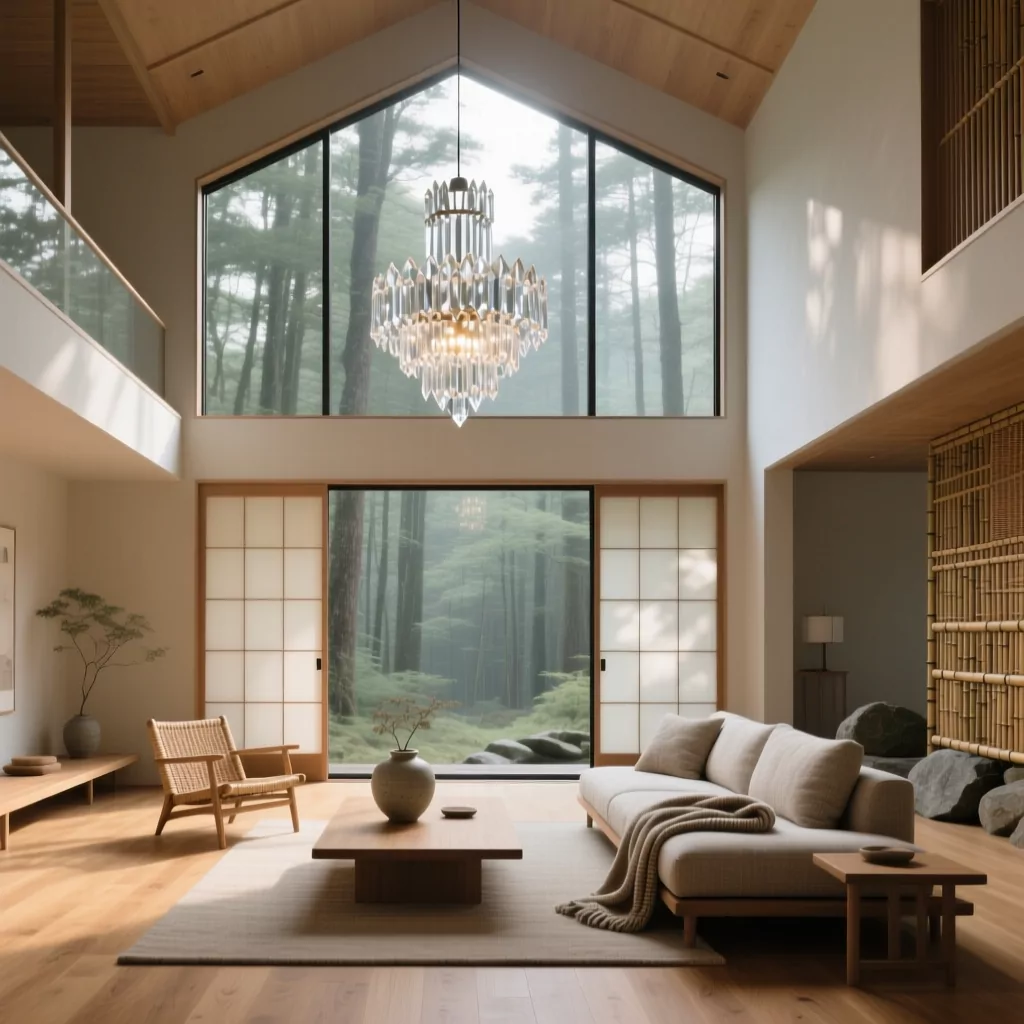 Nội thất gỗ óc chó sang trọng trong không gian mở view rừng.