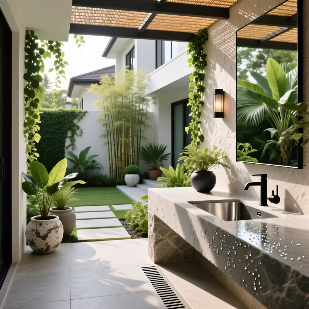 Nội thất gỗ óc chó hòa quyện với đá tự nhiên trong không gian sân vườn.