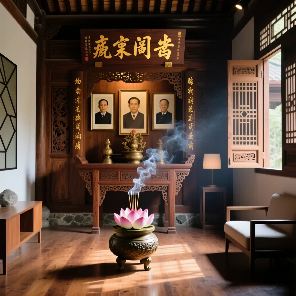 Nội thất gỗ óc chó trong phòng thờ truyền thống, chạm khắc tinh xảo và hương trầm.