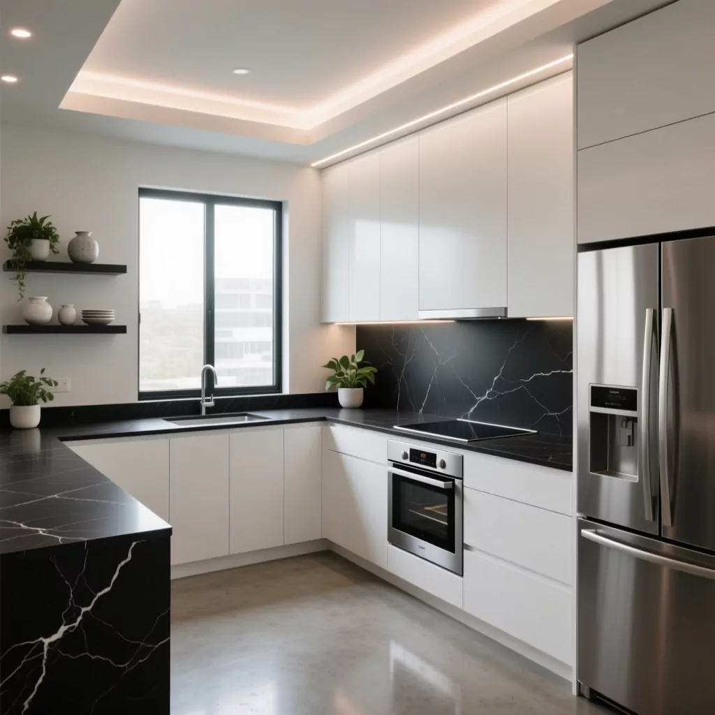 Thi công nội thất bếp chữ L tối giản tiết kiệm diện tích